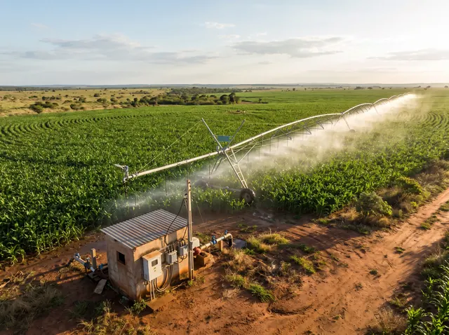 Pivô central irrigando lavoura de milho, com a casa de bombas e o quadro elétrico em primeiro plano