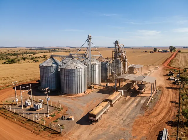Silos e secador de grãos com caminhões descarregando e subestação de energia ao lado